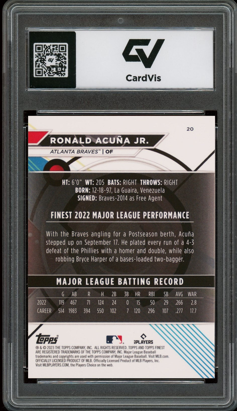 2023 Topps Finest #20 Ronald Acuna Jr. Graded 10 Gem Mint - Back