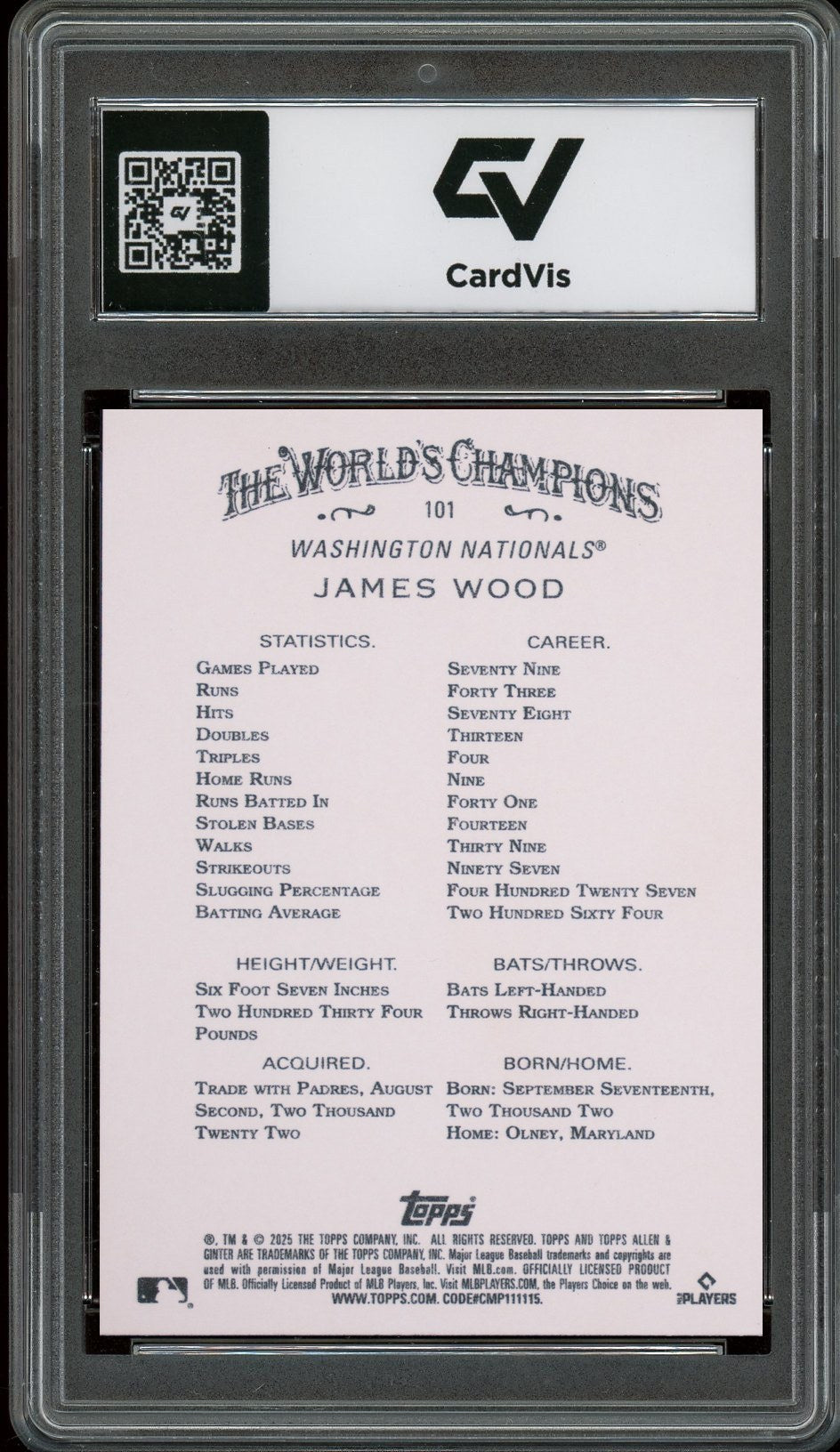 2025 Topps Allen & Ginter #101 James Wood Rookie Card RC Graded 10 Gem Mint - Back