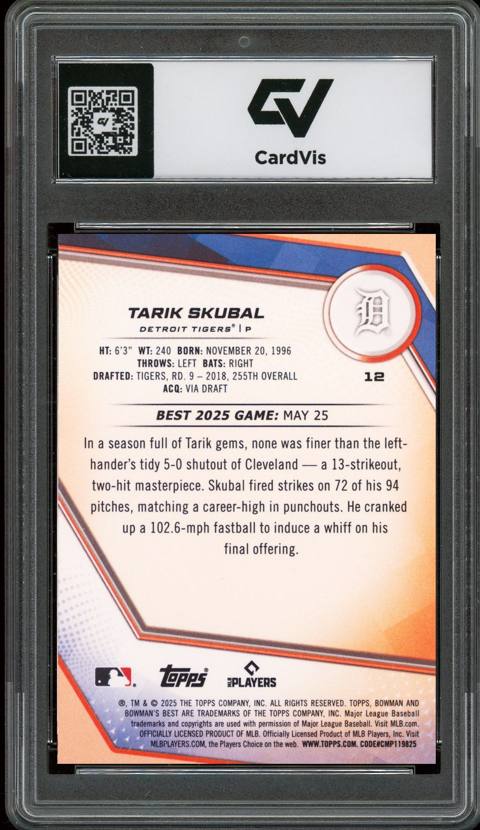 2025 Bowman's Best #12 Tarik Skubal Graded 10 Gem Mint - Back