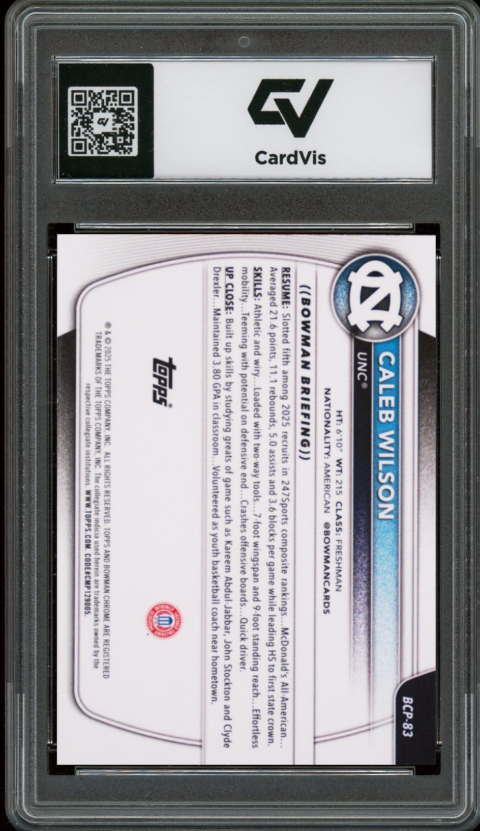 2025 Bowman University #BCP-83 Caleb Wilson Chrome Prospects Rookie Card RC Graded 10 Gem Mint - Back