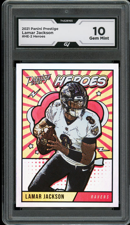 2021 Panini Prestige #HE-2 Lamar Jackson Heroes Graded 10 Gem Mint - Front