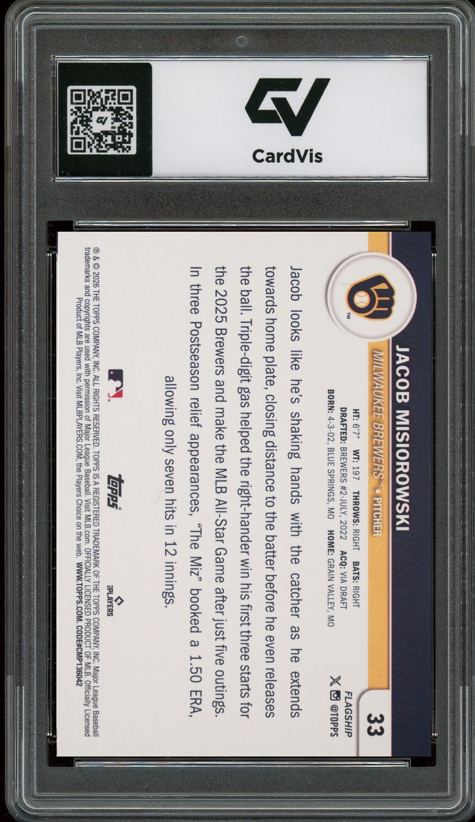 2026 Topps Flagship #33 Jacob Misiorowski Rookie Card RC Graded 10 Gem Mint - Back