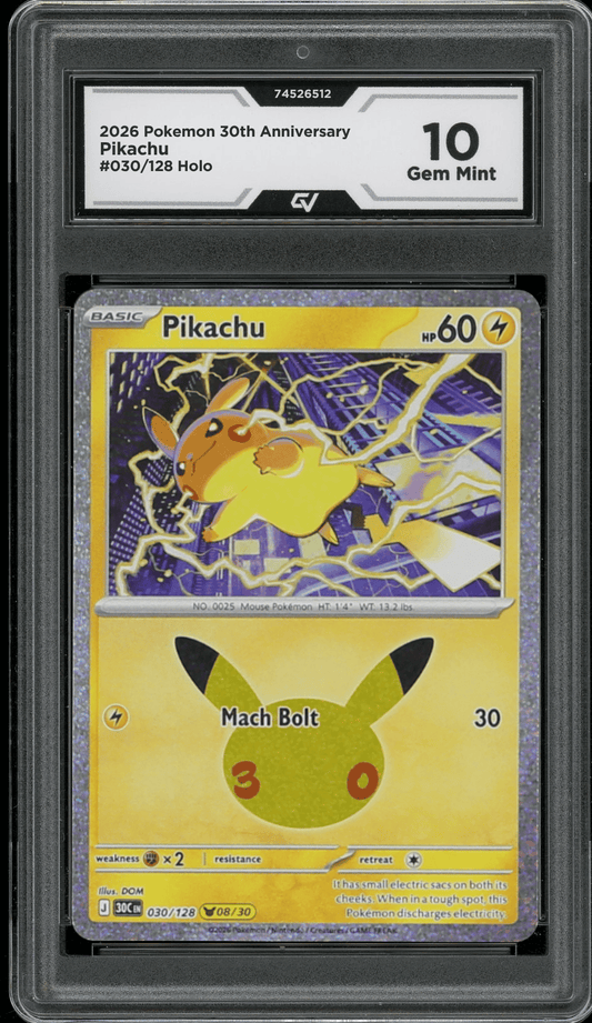 2026 Pokemon 30th Anniversary #030/128 Pikachu Holo Graded 10 Gem Mint