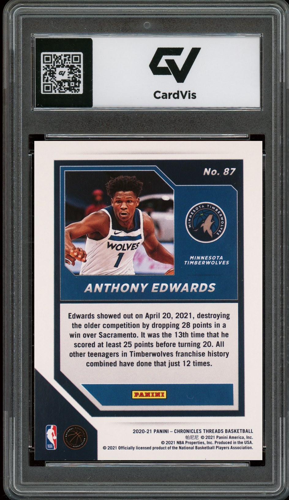 2020 Panini Chronicles #87 Anthony Edwards Threads Rookie Card RC Graded 10 Gem Mint - Back