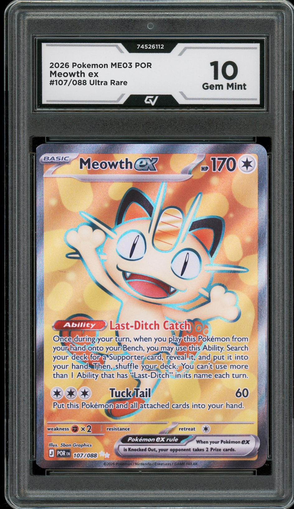 2026 Pokemon ME03 Perfect Order #107/088 Meowth Ultra Rare Graded 10 Gem Mint