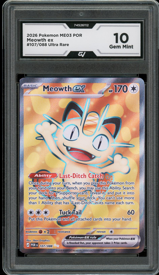 2026 Pokemon ME03 Perfect Order #107/088 Meowth Ultra Rare Graded 10 Gem Mint