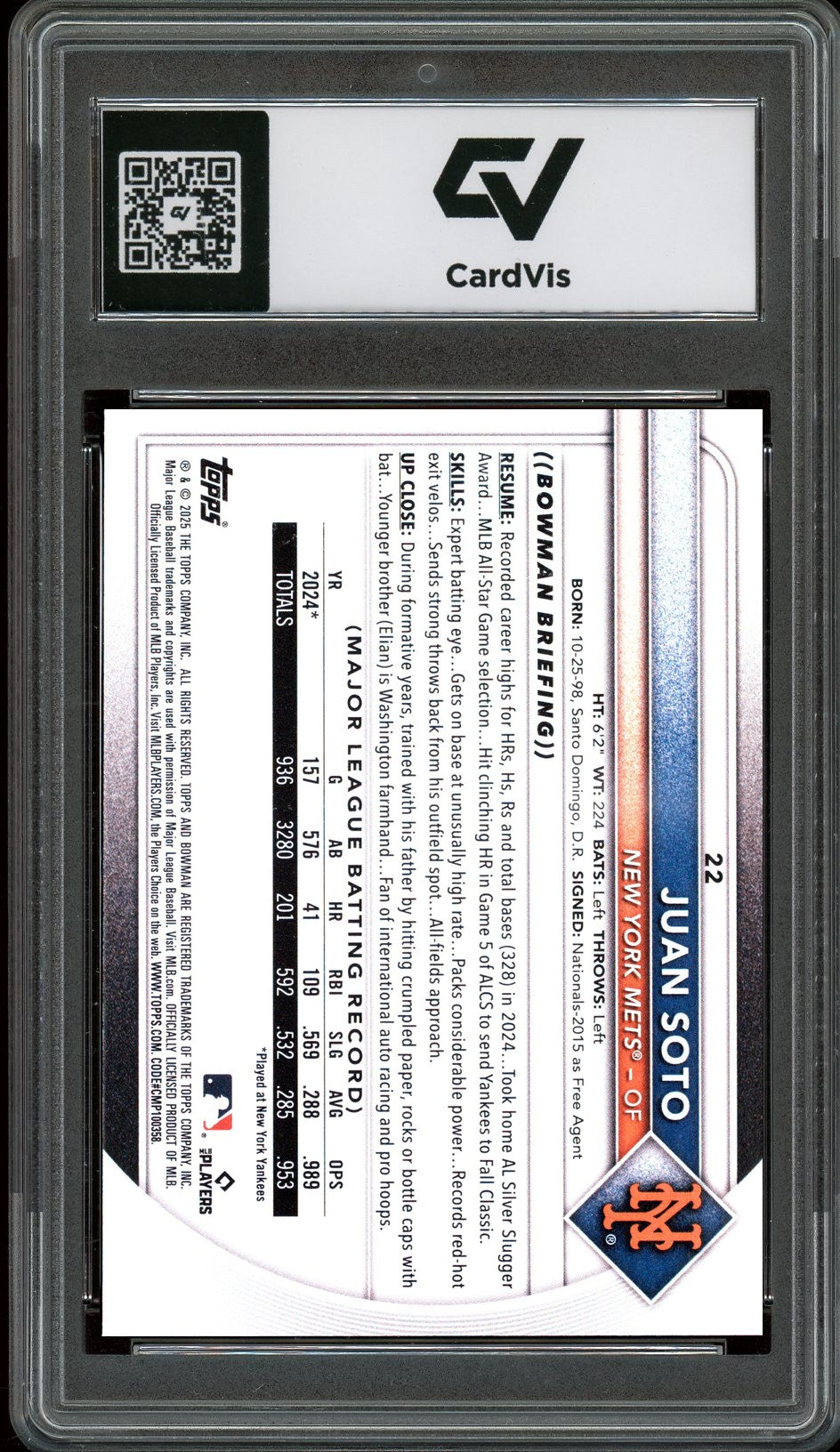 2025 Bowman #22 Juan Soto Graded 10 Gem Mint - Back