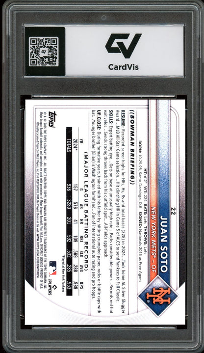 2025 Bowman #22 Juan Soto Graded 10 Gem Mint - Back