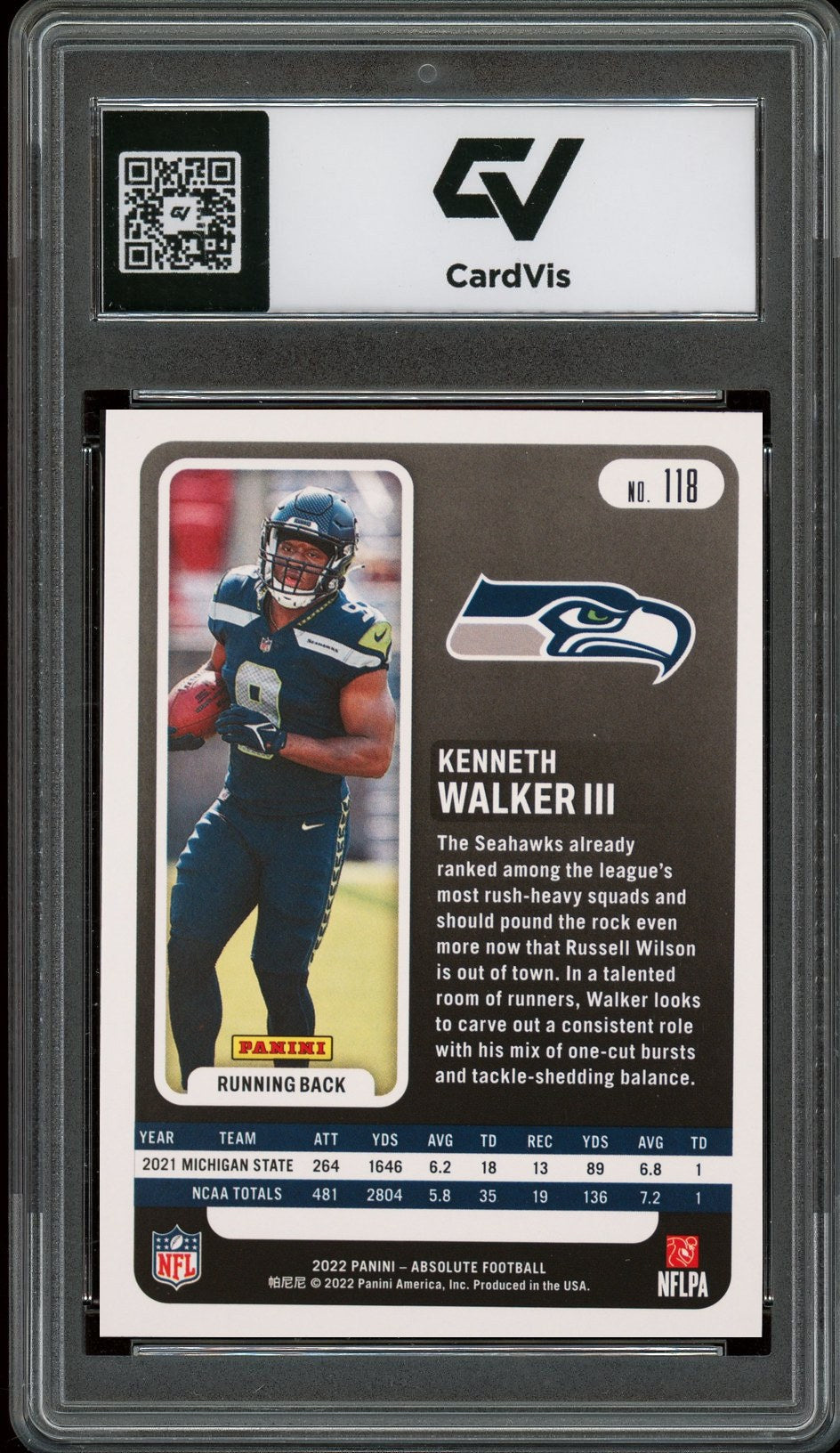 2022 Panini Absolute #118 Kenneth Walker III Rookie Card RC Graded 10 Gem Mint - Back