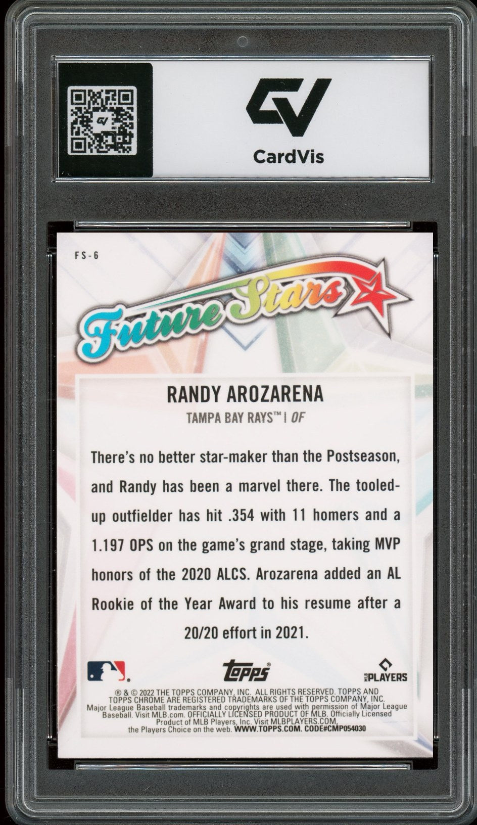 2022 Topps Chrome #FS-6 Randy Arozarena Future Stars Graded 10 Gem Mint - Back