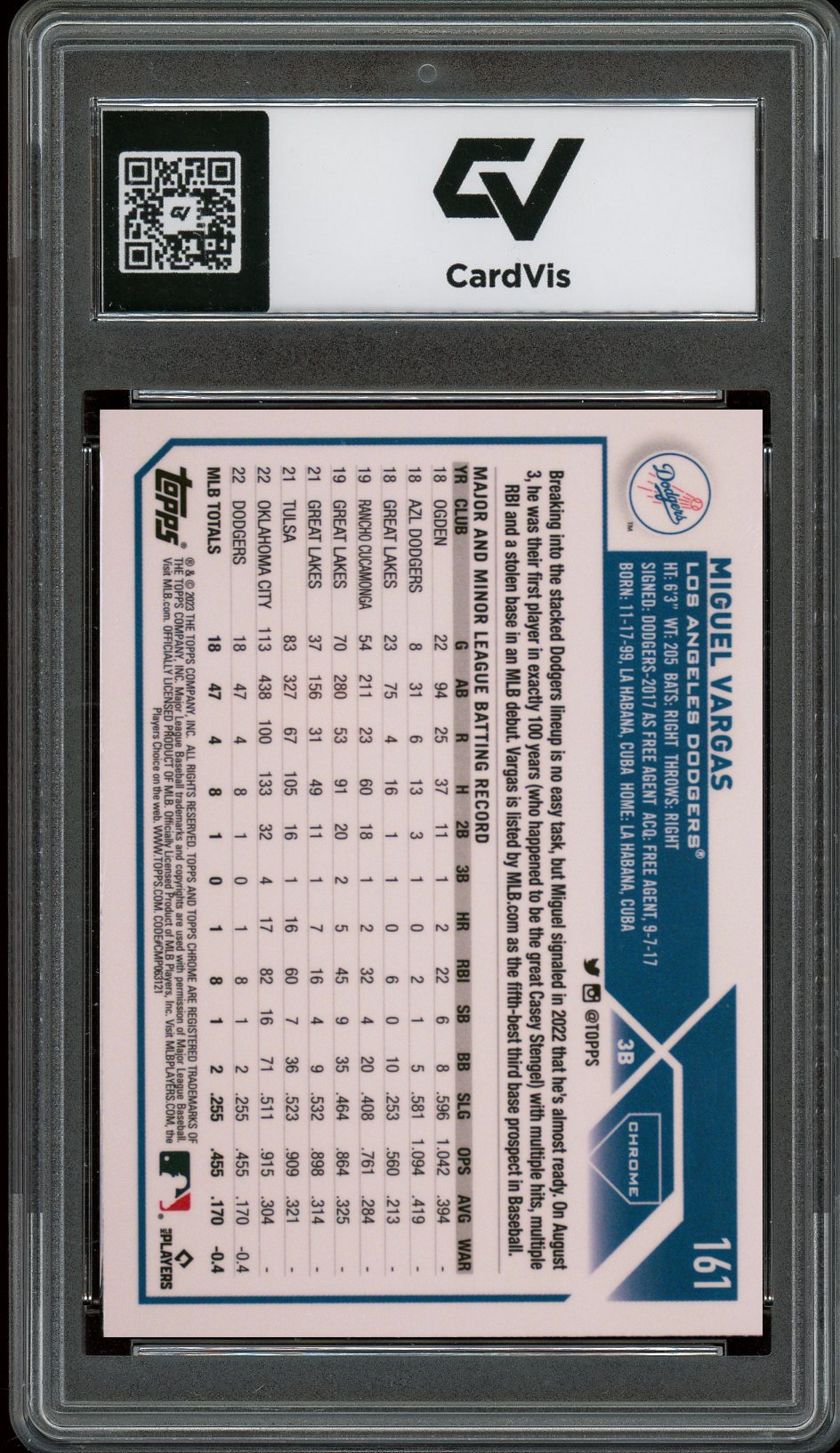 2023 Topps Chrome #161 Miguel Vargas Rookie Card RC Graded 10 Gem Mint - Back