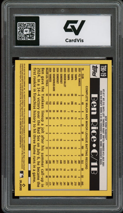 2025 Topps #T90-19 Ben Rice 1990 Throwback Rookie Card RC Graded 10 Gem Mint - Back