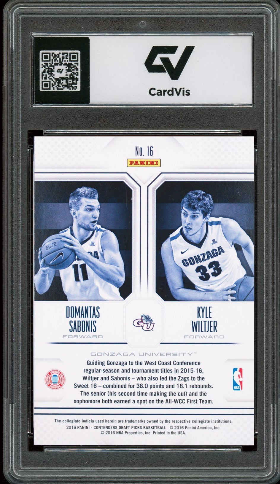 2016 Panini Contenders Draft Picks #16 Domantas Sabonis / Wiltjer Collegiate Connection Rookie Card RC Graded 10 Gem Mint - Back