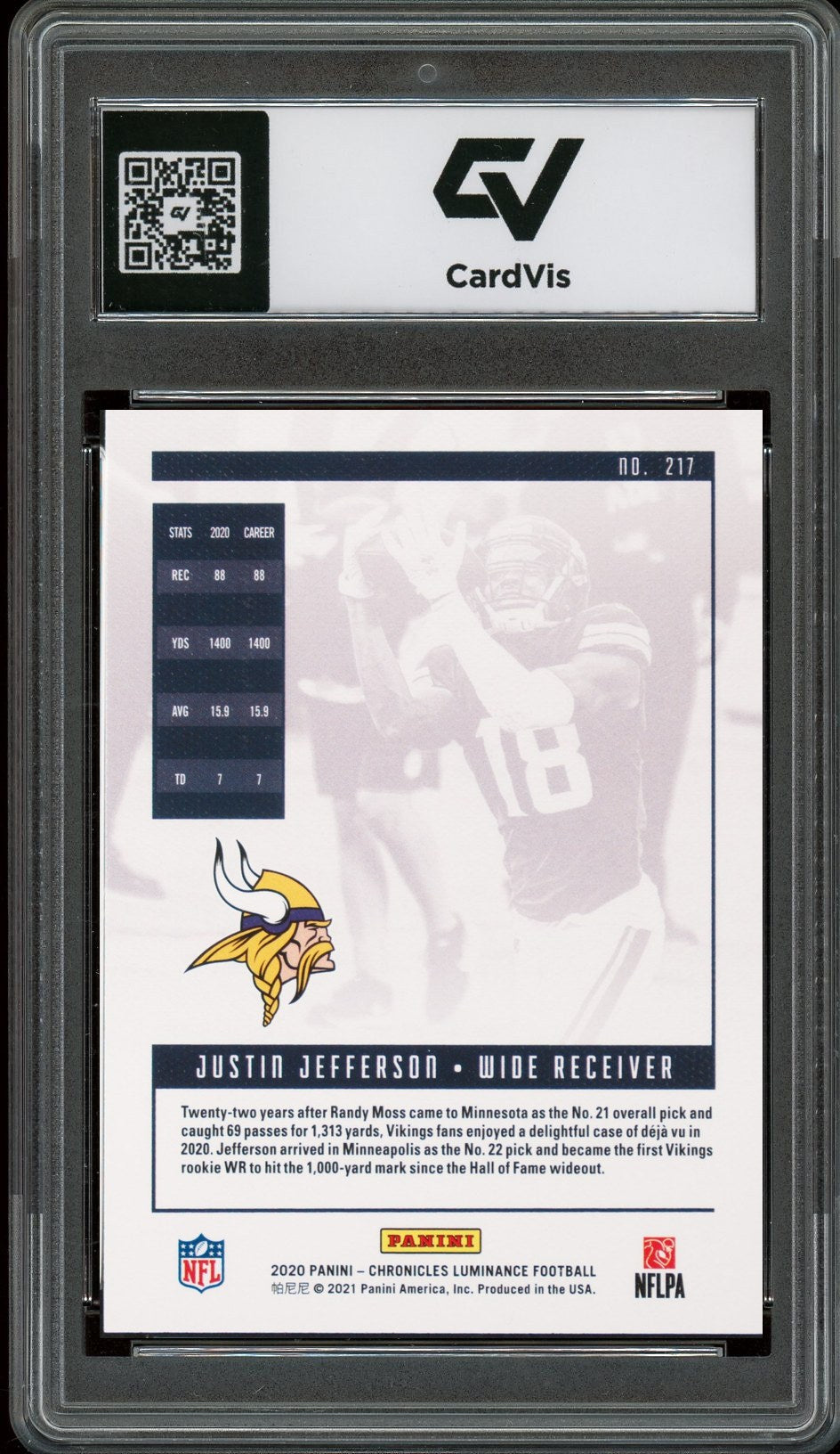 2020 Panini Chronicles #217 Justin Jefferson Luminance Rookie Card RC Graded 10 Gem Mint - Back
