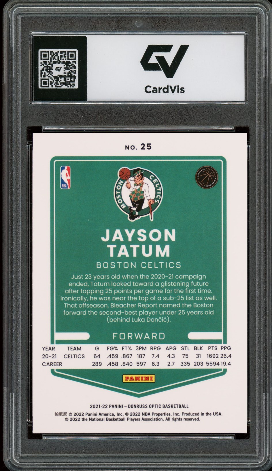 2021 Panini Donruss Optic #25 Jayson Tatum Graded 10 Gem Mint - Back