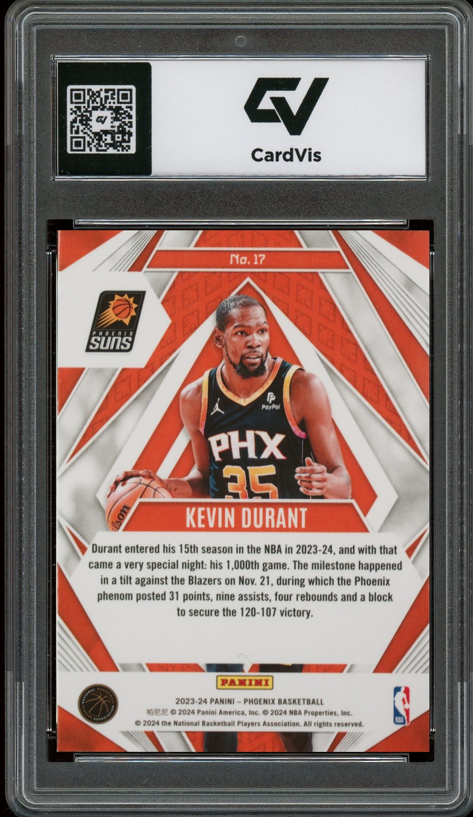 2023 Panini Phoenix #17 Kevin Durant Paragon Graded 10 Gem Mint - Back