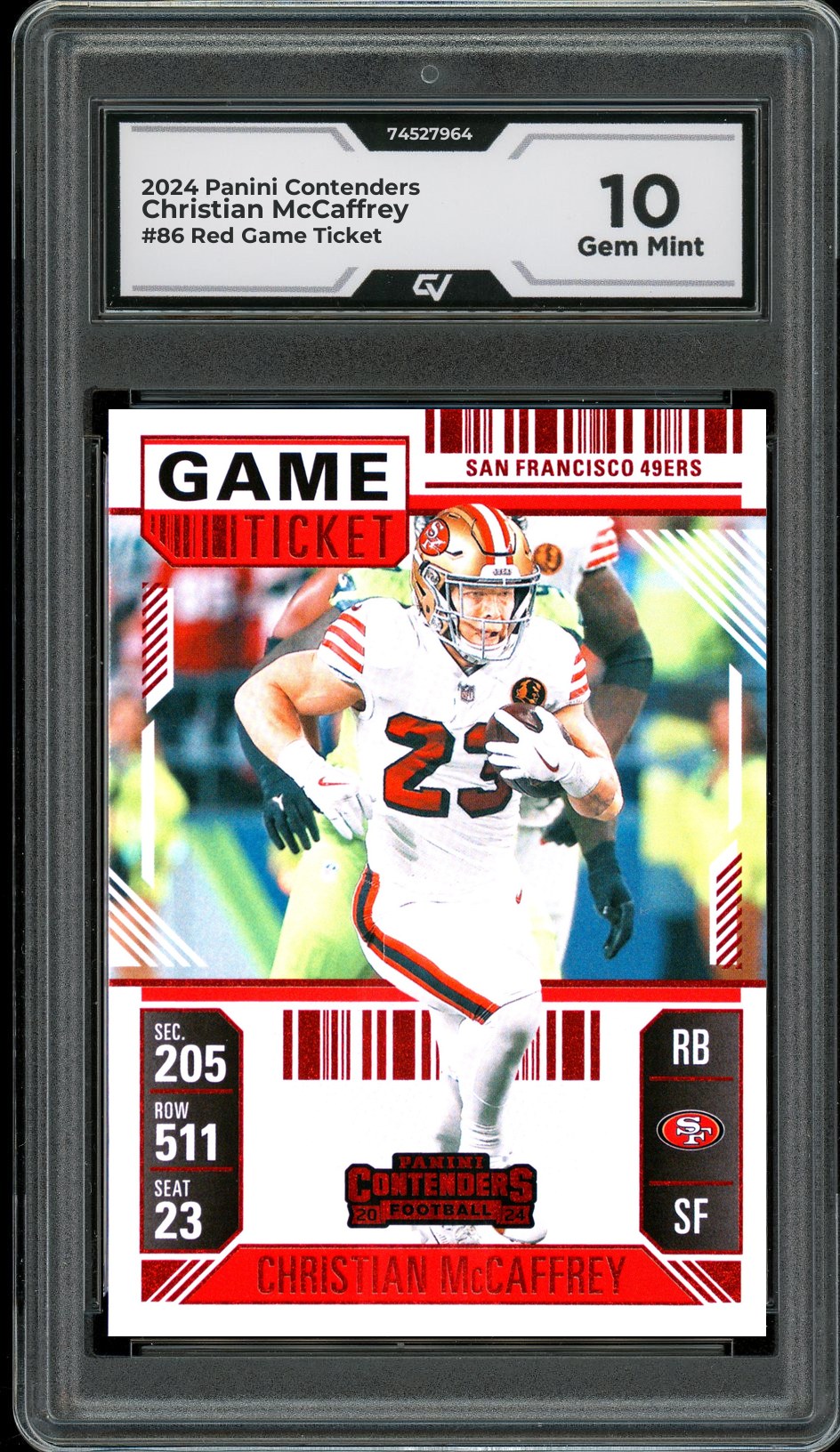 2024 Panini Contenders #86 Christian McCaffrey Red Game Ticket Graded 10 Gem Mint - Front