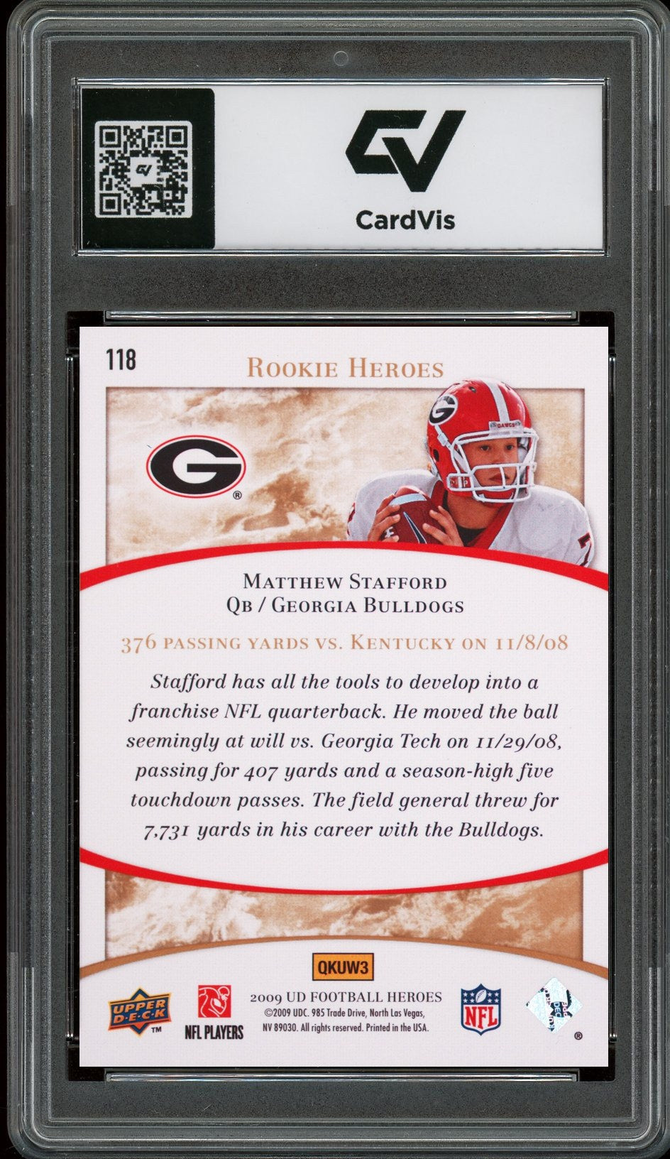 2009 Upper Deck #118 Matthew Stafford Heroes Rookie Card RC Graded 10 Gem Mint - Back