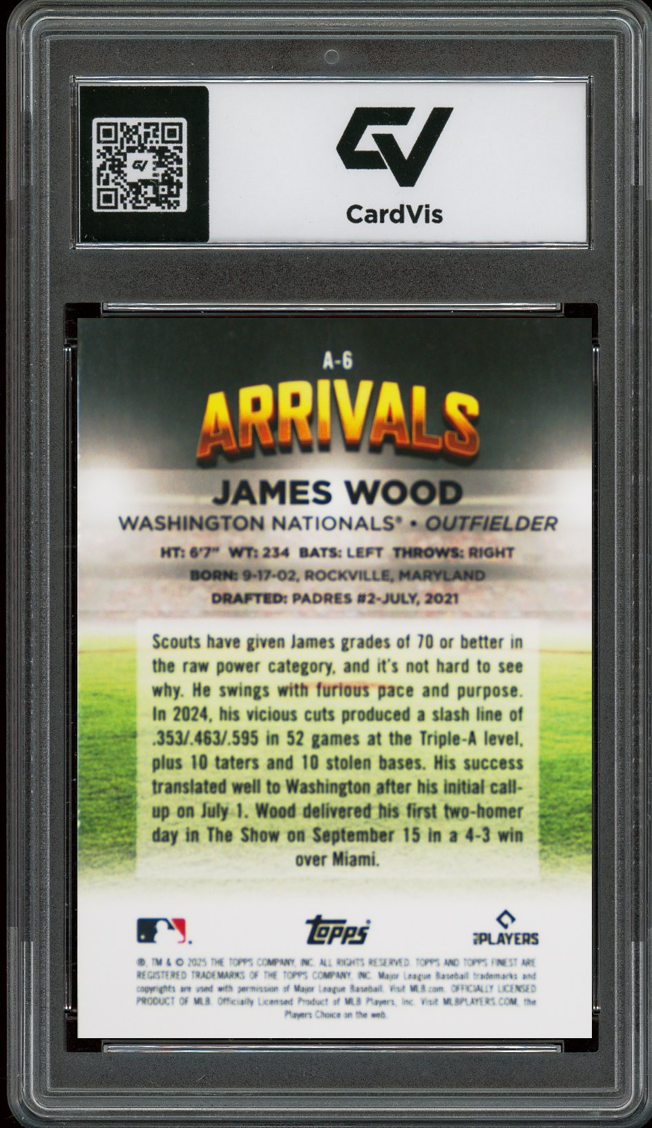 2025 Topps Finest #A-6 James Wood Arrivals Rookie Card RC Graded 10 Gem Mint - Back