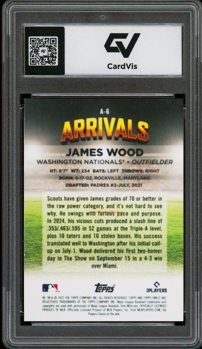 2025 Topps Finest #A-6 James Wood Arrivals Rookie Card RC Graded 10 Gem Mint - Back