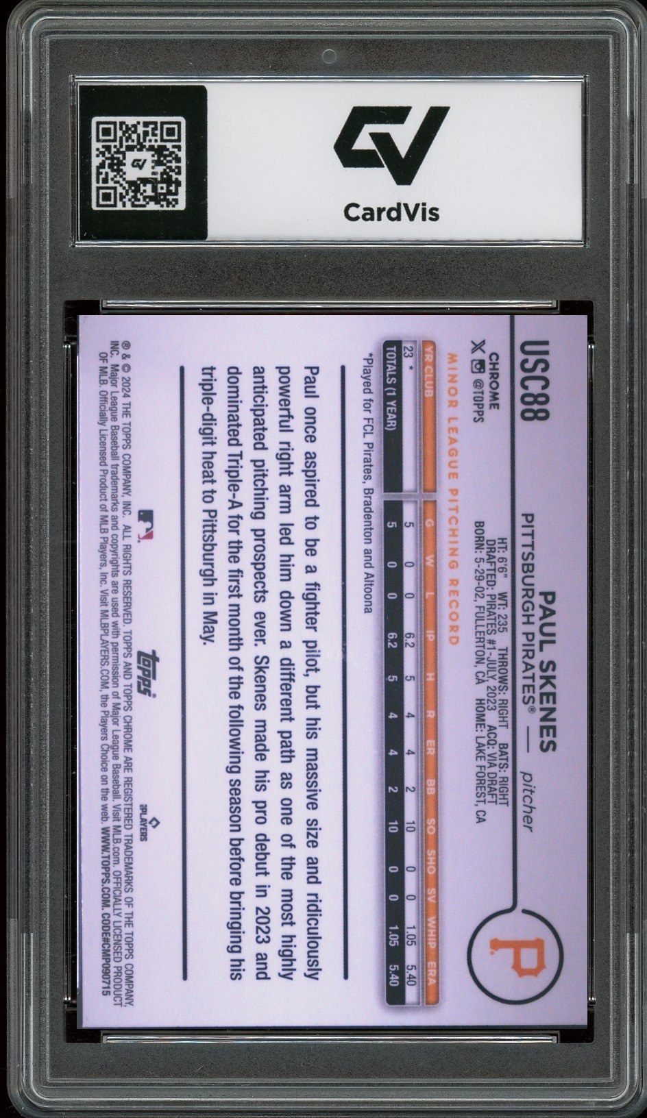 2024 Topps Chrome Update #USC88 Paul Skenes Rookie Card RC Graded 10 Gem Mint - Back