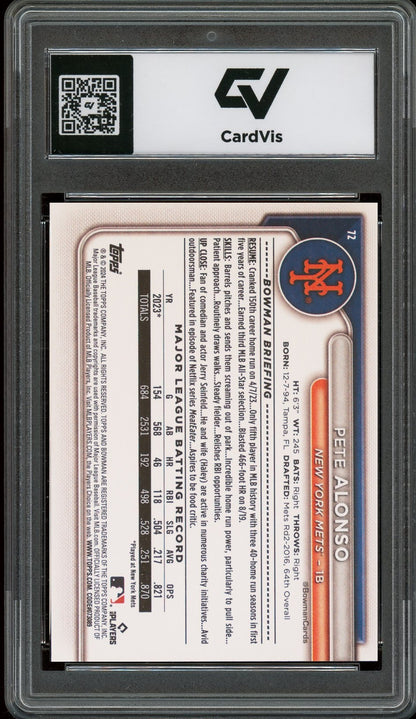 2024 Bowman #72 Pete Alonso Graded 10 Gem Mint - Back
