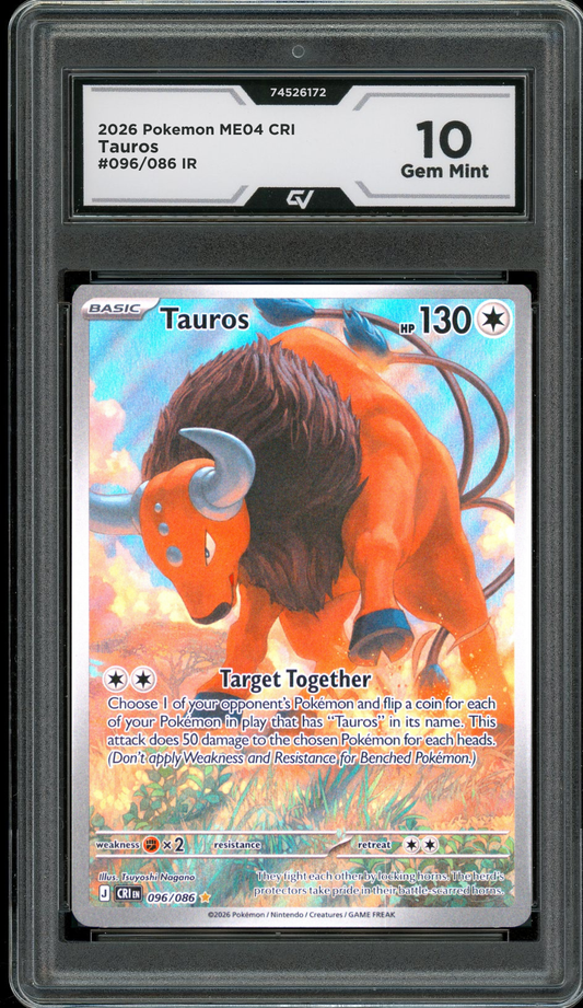 2026 Pokemon ME04 Chaos Rising #096/086 Tauros IR Graded 10 Gem Mint