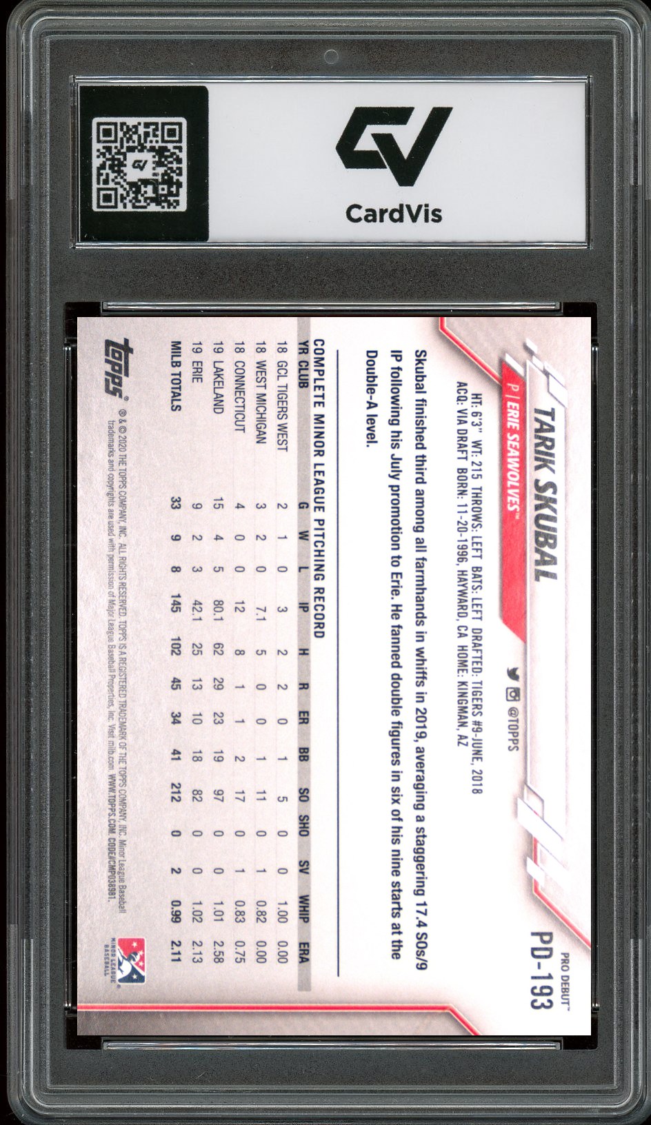 2020 Topps Pro Debut #PD-193 Tarik Skubal Graded 10 Gem Mint - Back