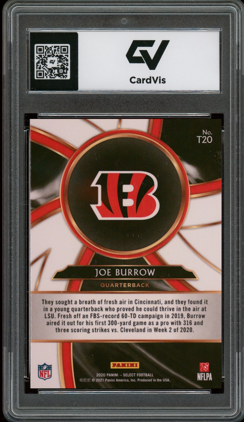 2020 Panini Select #T20 Joe Burrow Turbocharged Rookie Card RC Graded 10 Gem Mint - Back
