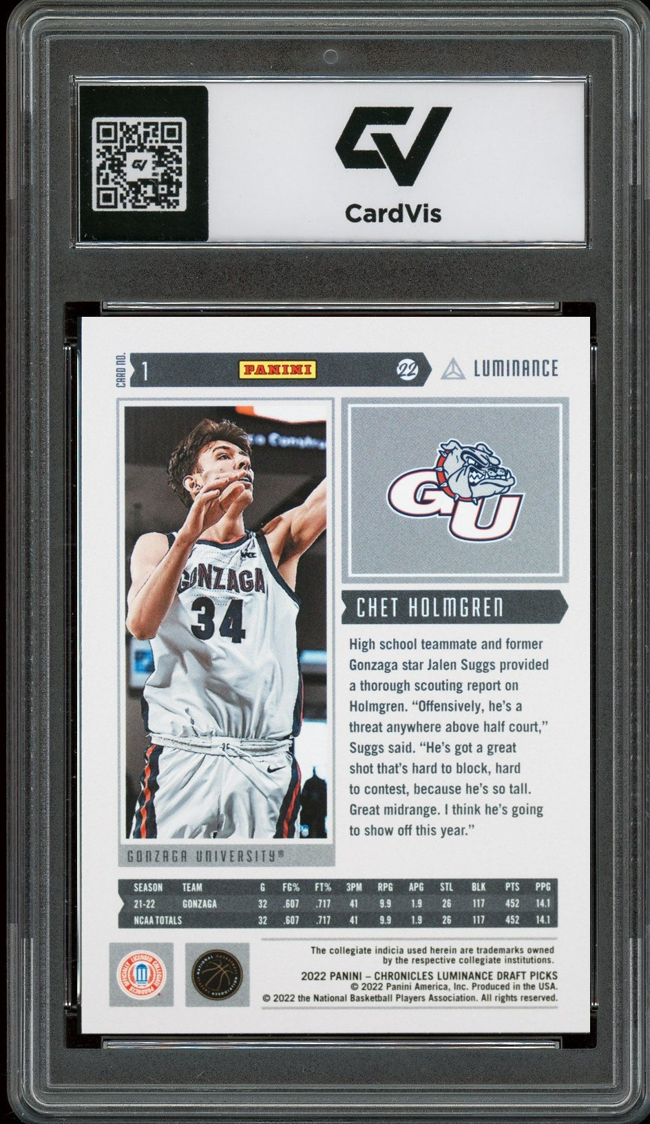 2022 Panini Chronicles Draft Picks #1 Chet Holmgren Luminance Rookie Card RC Graded 10 Gem Mint - Back