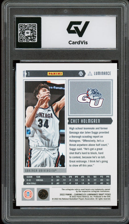 2022 Panini Chronicles Draft Picks #1 Chet Holmgren Luminance Rookie Card RC Graded 10 Gem Mint - Back