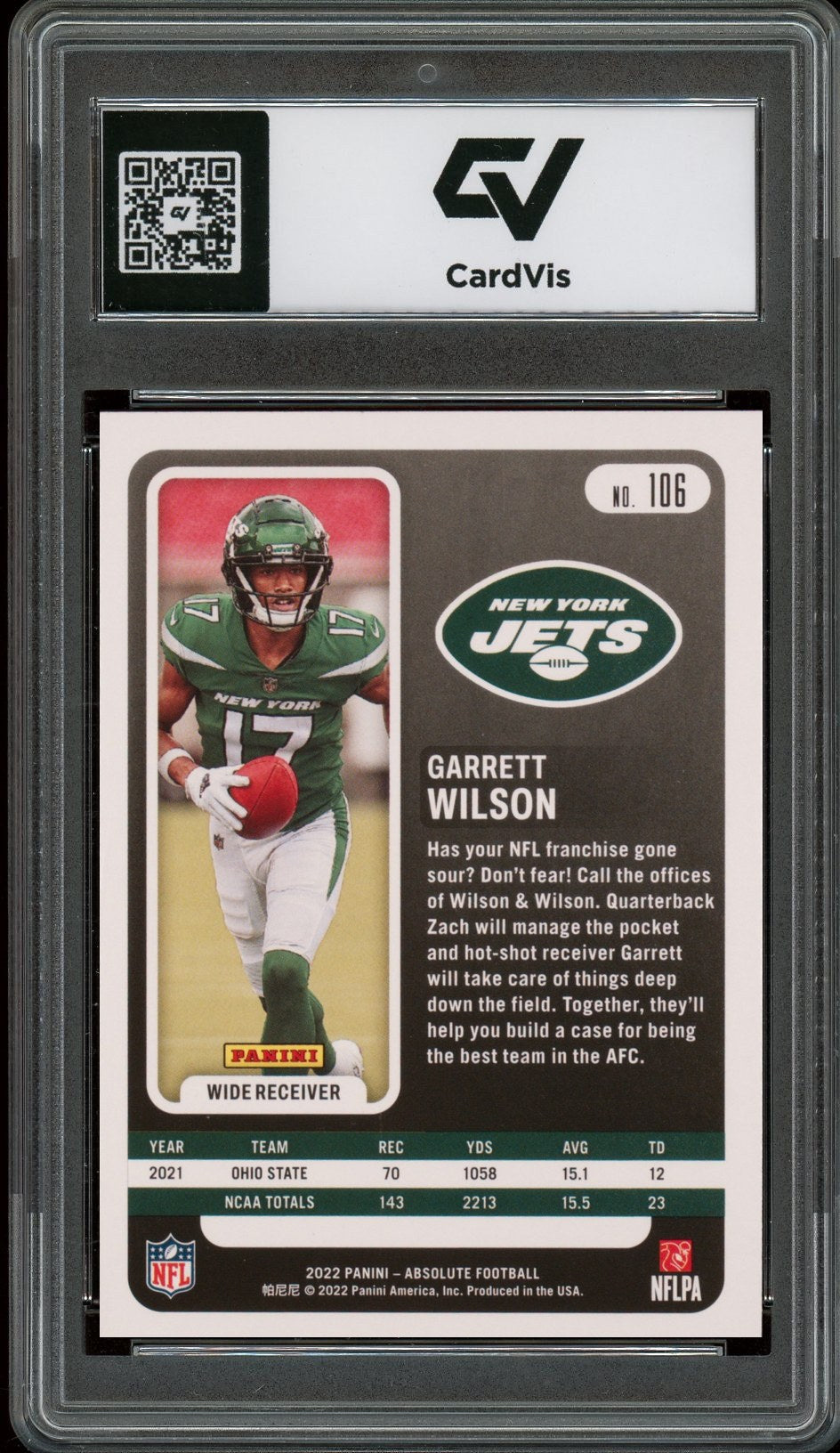 2022 Panini Absolute #106 Garrett Wilson Rookie Card RC Graded 10 Gem Mint - Back