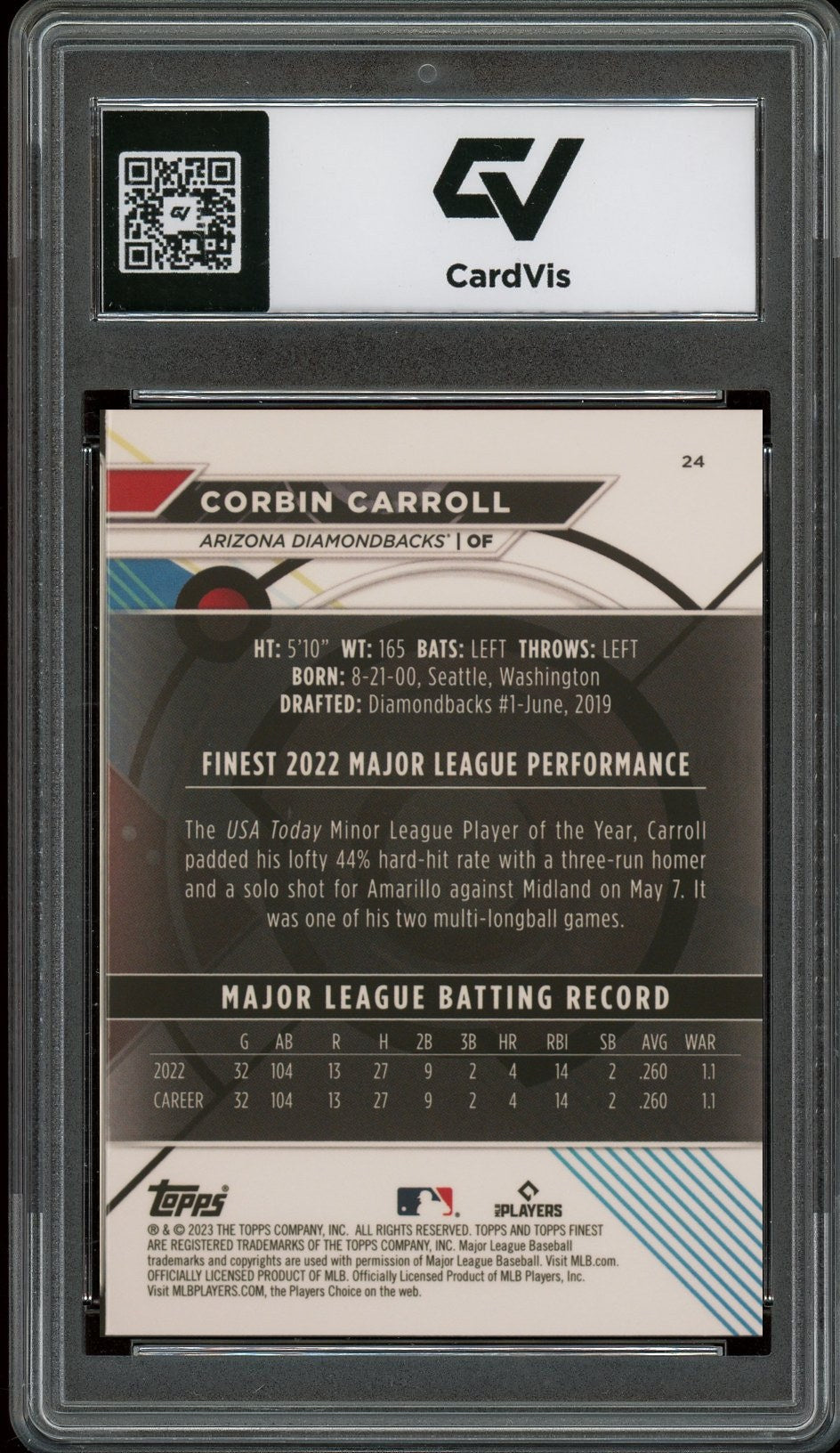 2023 Topps Finest #24 Corbin Carroll Rookie Card RC Graded 10 Gem Mint - Back