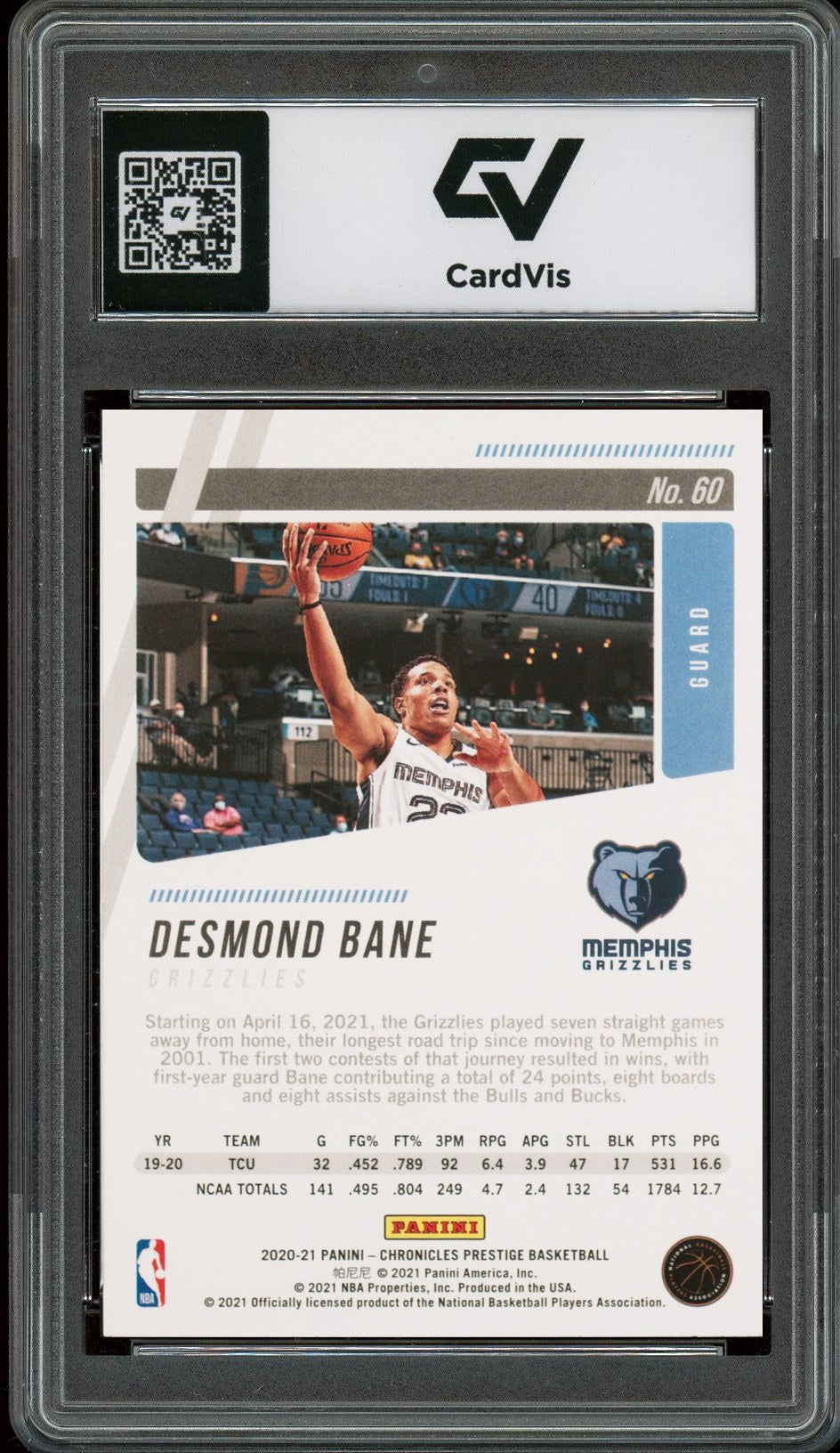 2020 Panini Chronicles #60 Desmond Bane Prestige Rookie Card RC Graded 10 Gem Mint - Back