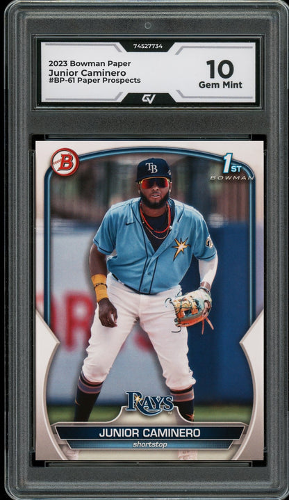 2023 Bowman Paper #BP-61 Junior Caminero Paper Prospects Rookie Card RC Graded 10 Gem Mint - Front