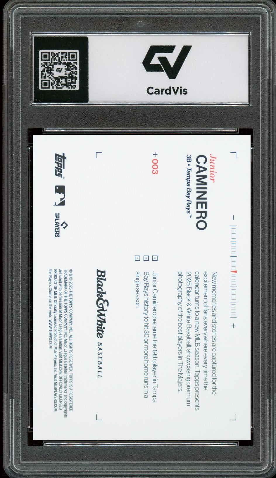 2025 Topps Black And White #3 Junior Caminero Rookie Card RC Graded 10 Gem Mint - Back