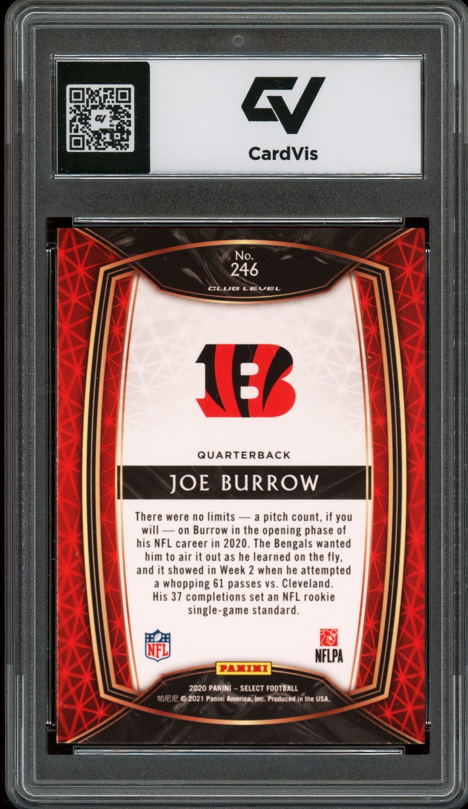2020 Panini Select #246 Joe Burrow Rookie Card RC Graded 10 Gem Mint - Back