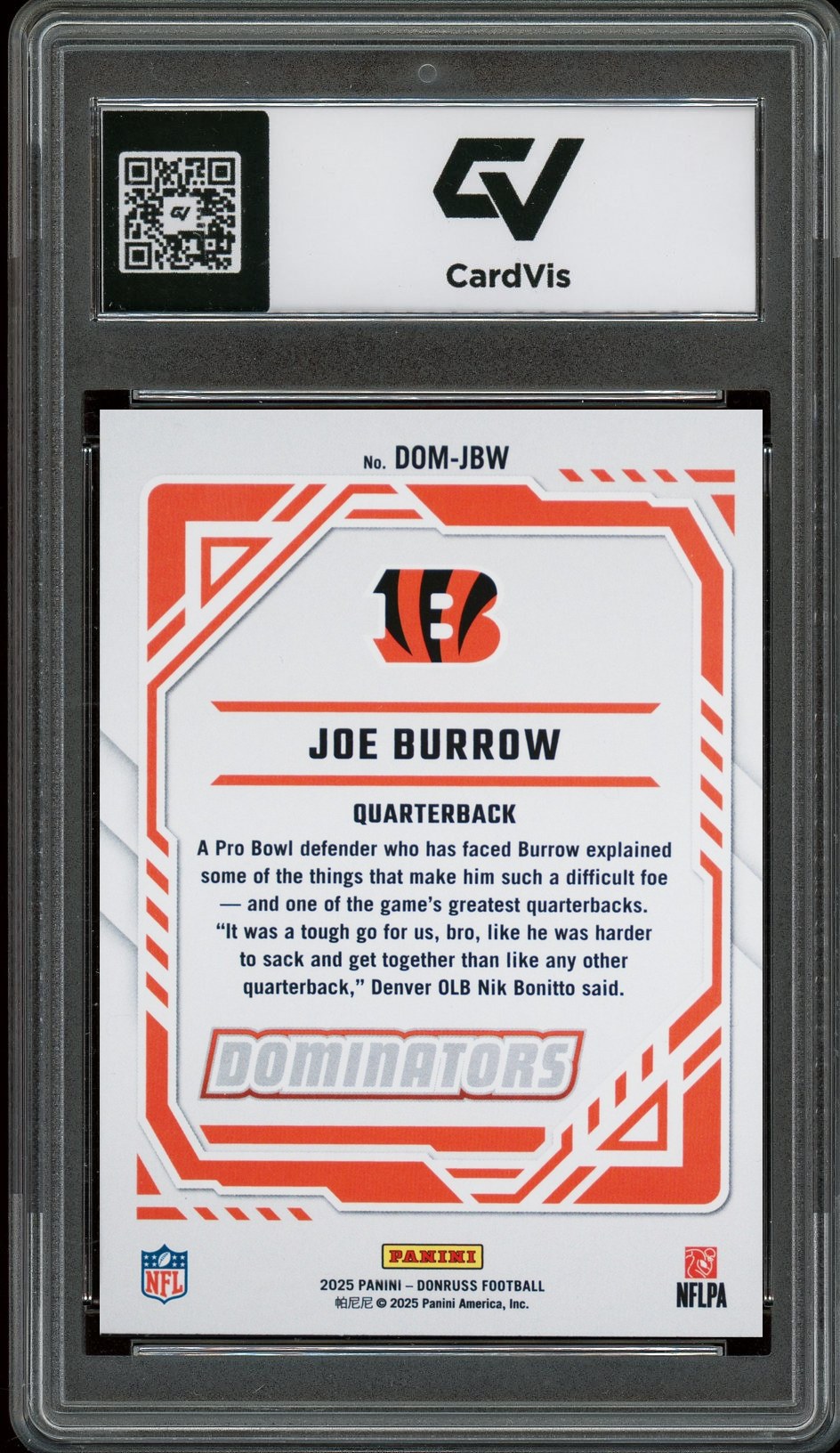 2025 Panini Donruss #DOM-JBW Joe Burrow Dominators Graded 10 Gem Mint - Back