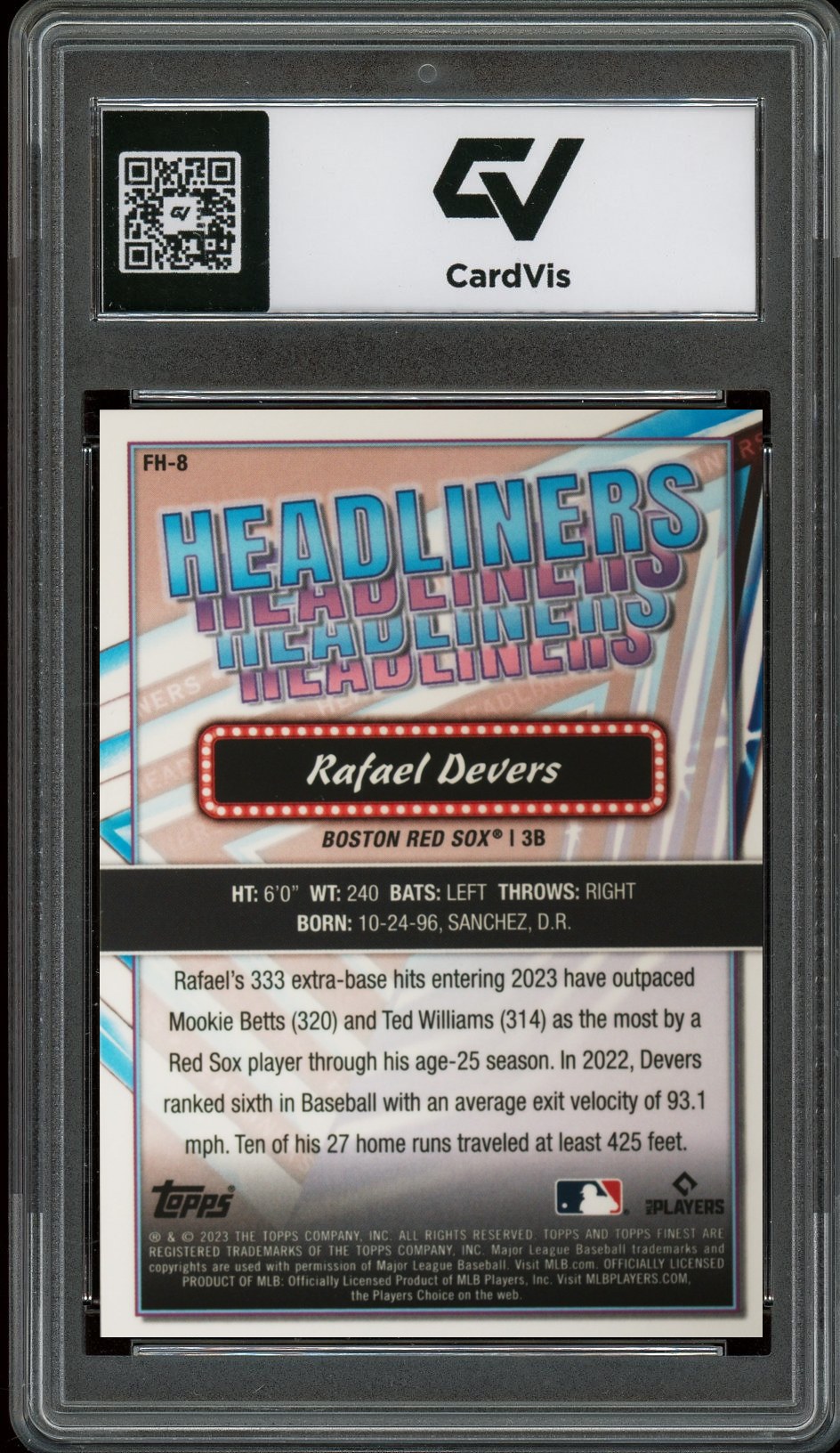2023 Topps Finest #FH-8 Rafael Devers Headliners Graded 10 Gem Mint - Back