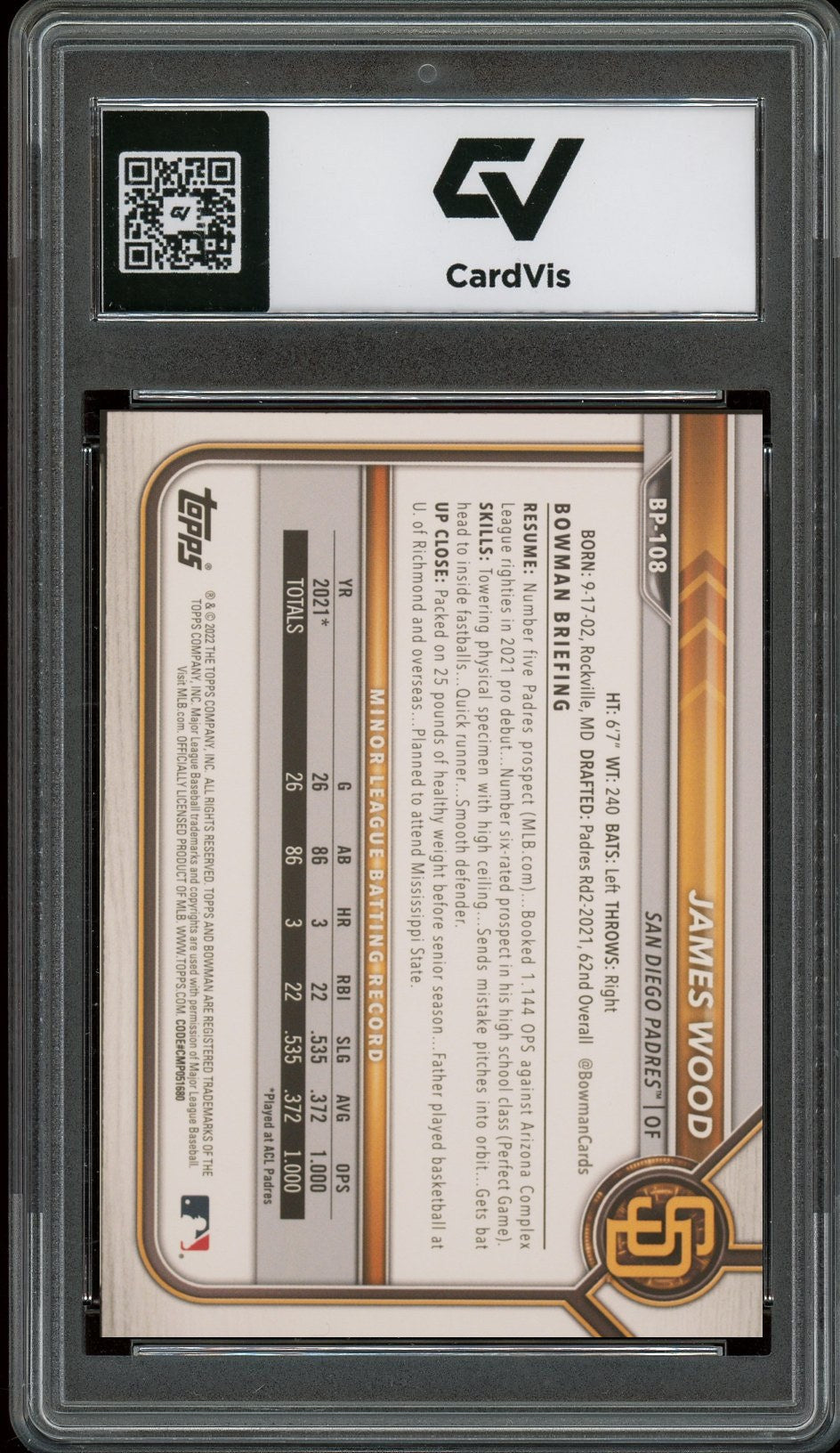 2022 Bowman #BP-108 James Wood Paper Prospects Rookie Card RC Graded 10 Gem Mint - Back