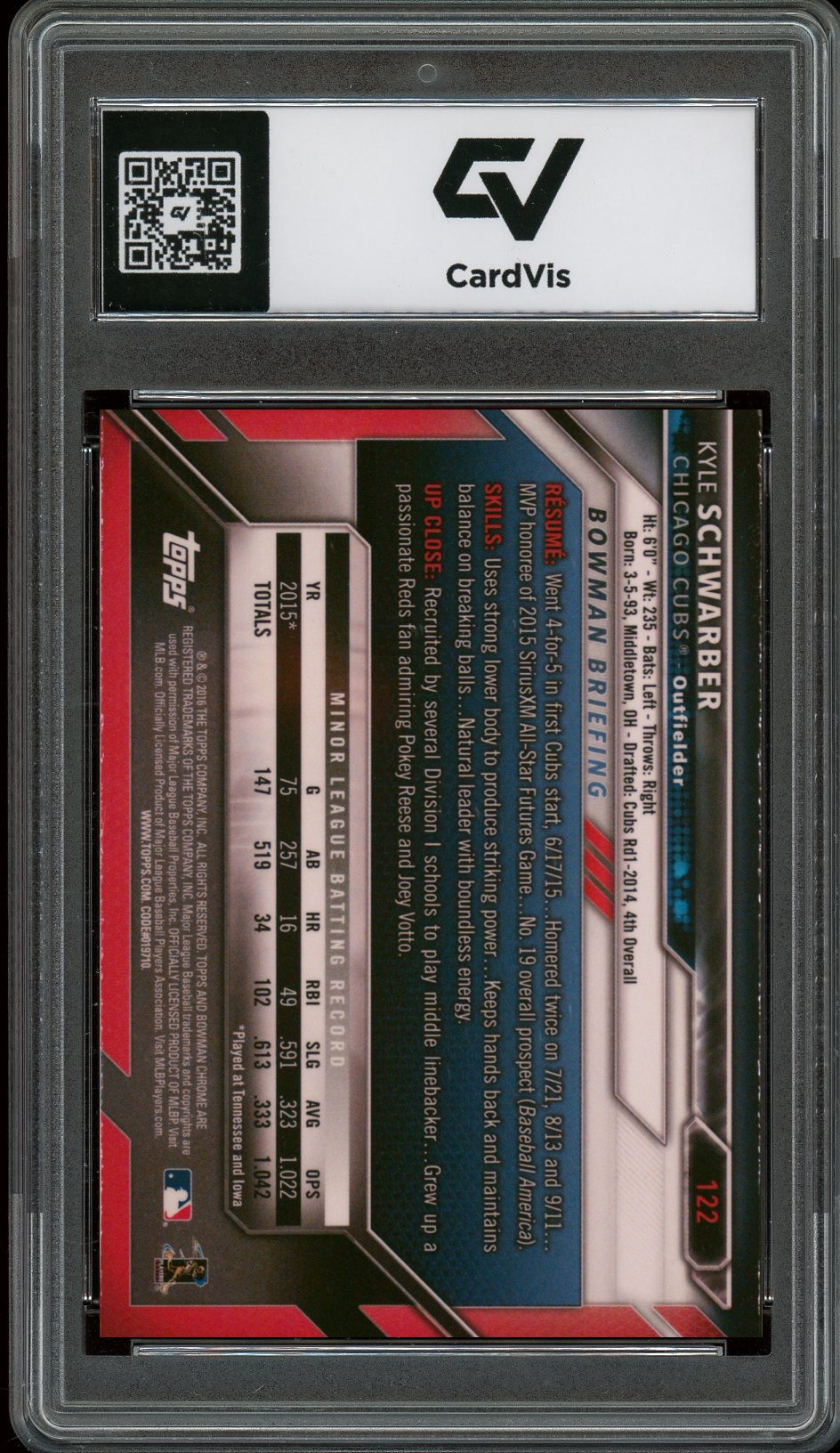 2016 Bowman Chrome #122 Kyle Schwarber Rookie Card RC Graded 10 Gem Mint - Back