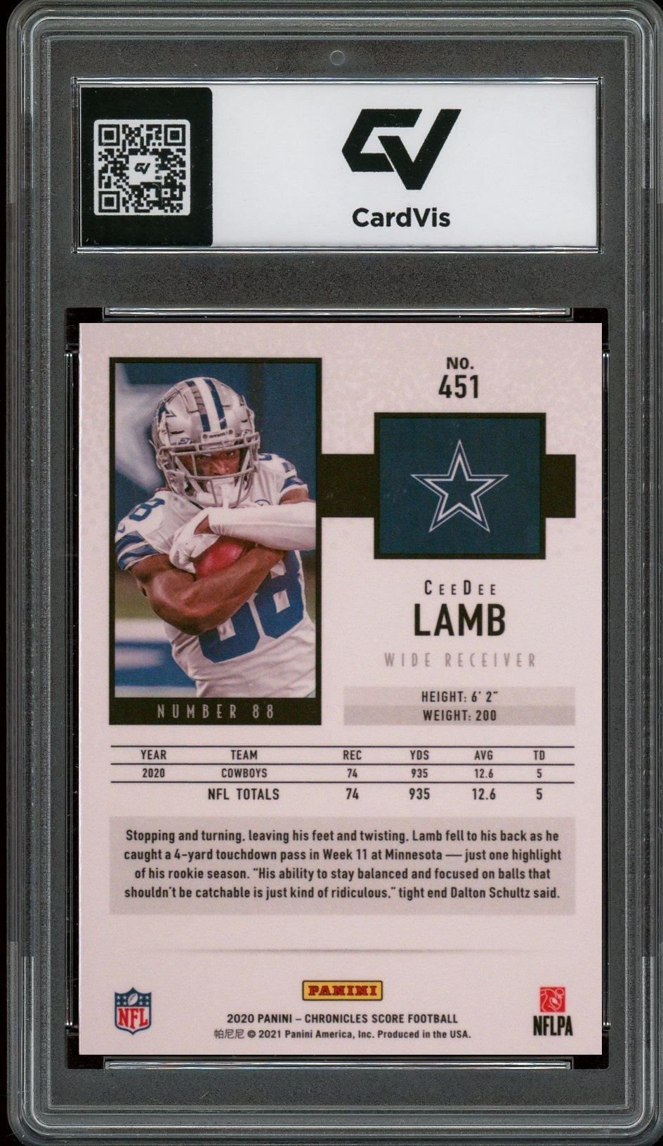 2020 Panini Chronicles #451 CeeDee Lamb Score Rookie Card RC Graded 10 Gem Mint - Back