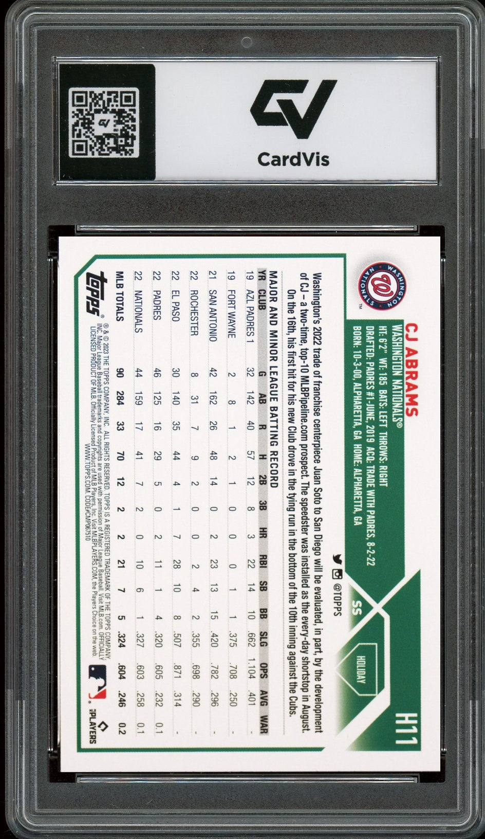 2023 Topps Holiday #H11 CJ Abrams Metallic Graded 10 Gem Mint - Back