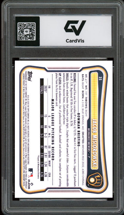 2026 Bowman #35 Jacob Misiorowski Rookie Card RC Graded 10 Gem Mint - Back