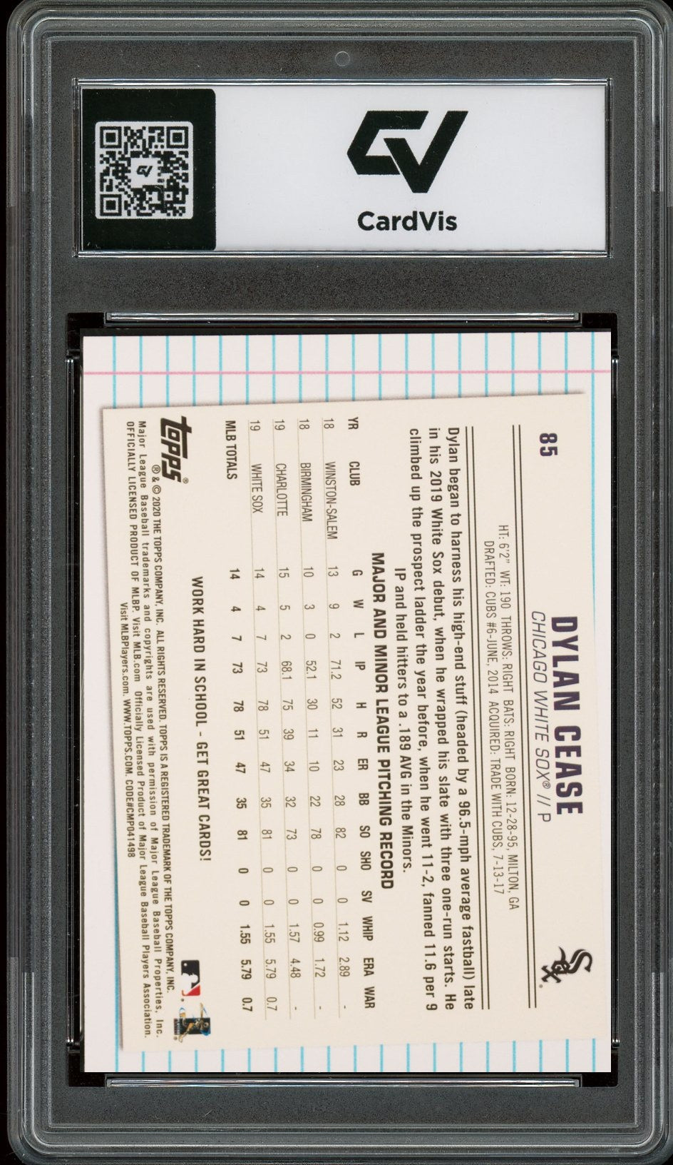 2020 Topps #85 Dylan Cease Of The Class Rookie Card RC Graded 10 Gem Mint - Back