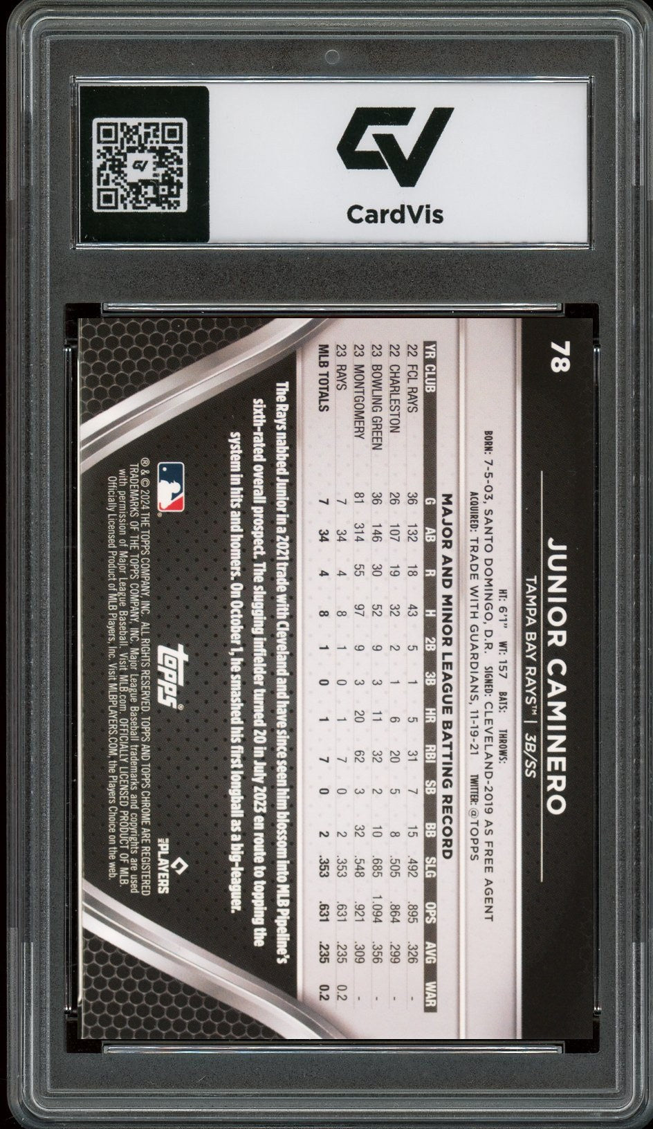 2024 Topps Chrome Black #78 Junior Caminero Rookie Card RC Graded 10 Gem Mint - Back