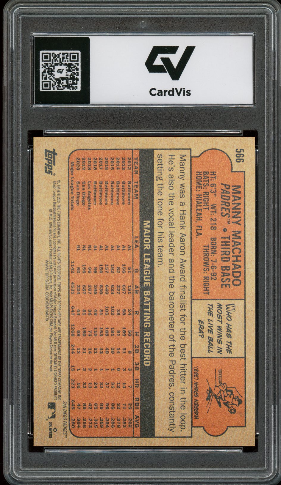 2021 Topps Heritage #566 Manny Machado Graded 10 Gem Mint - Back