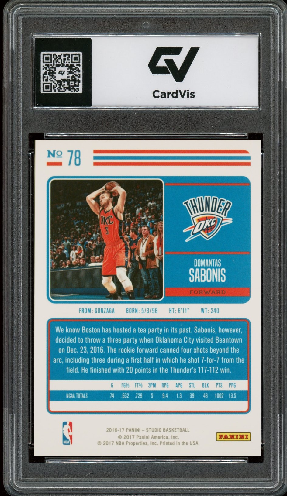 2016 Panini Studio #78 Domantas Sabonis Rookie Card RC Graded 10 Gem Mint - Back
