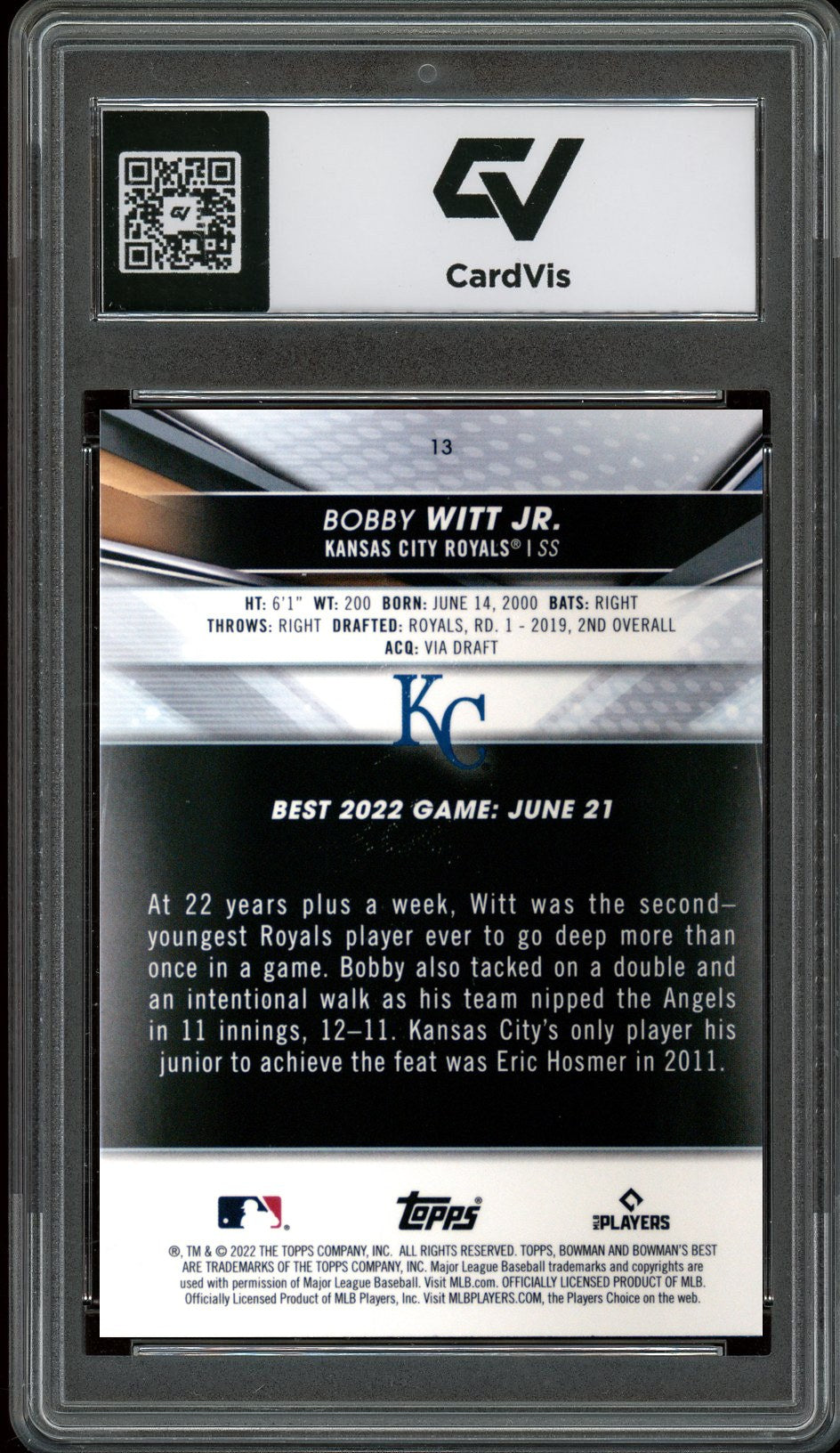 2022 Bowman's Best #13 Bobby Witt Jr. Rookie Card RC Graded 10 Gem Mint - Back