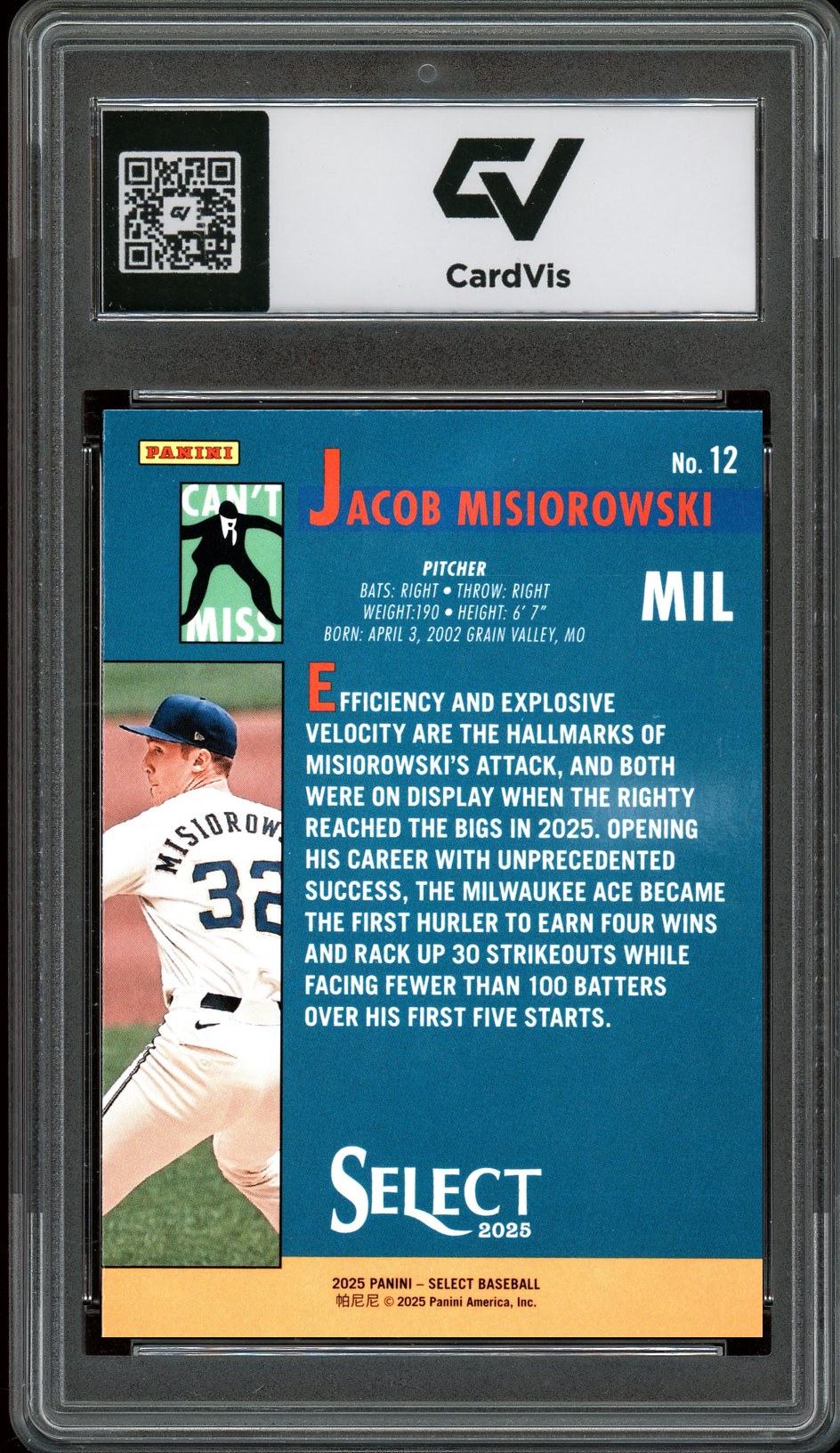 2025 Panini Select #12 Jacob Misiorowski Can't Miss Rookie Card RC Graded 10 Gem Mint - Back
